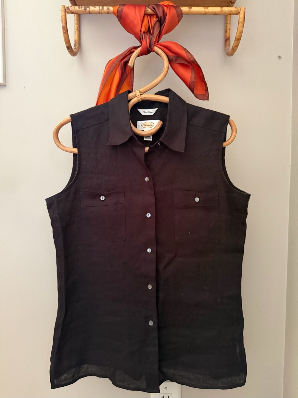 Sleeveless Black Button-Front 100% Linen Top